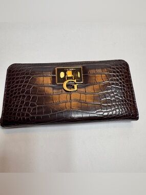 Pre-owned GUESS Stephi Large Zip-Around Wallet - Espresso Croc color.